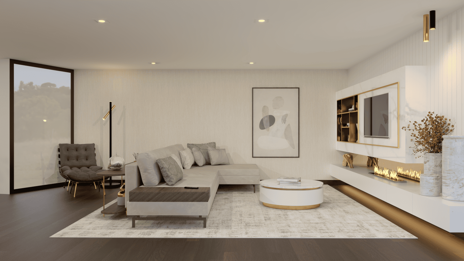 Projeto de sala de estar com mobiliário personalizado da BS Interiores